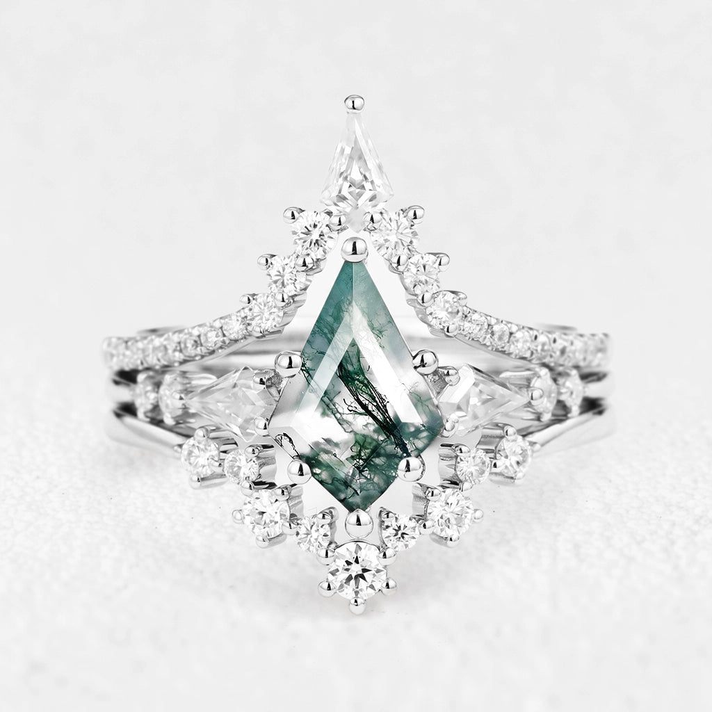 Tyler Twin Flames Kite Cut Moss Agate Engagement Ring Set 3pcs