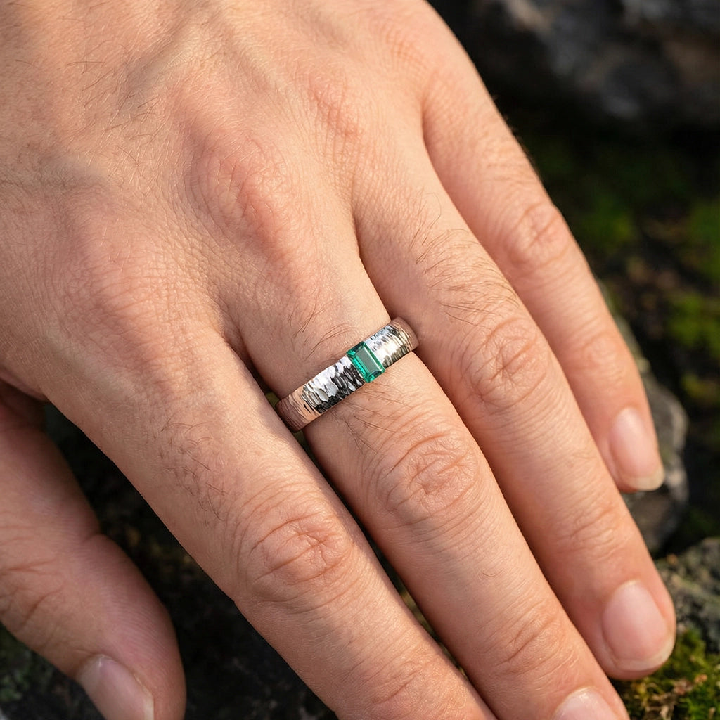 The Retro Keystone | 5MM Hammered Emerald Men's Wedding Band.