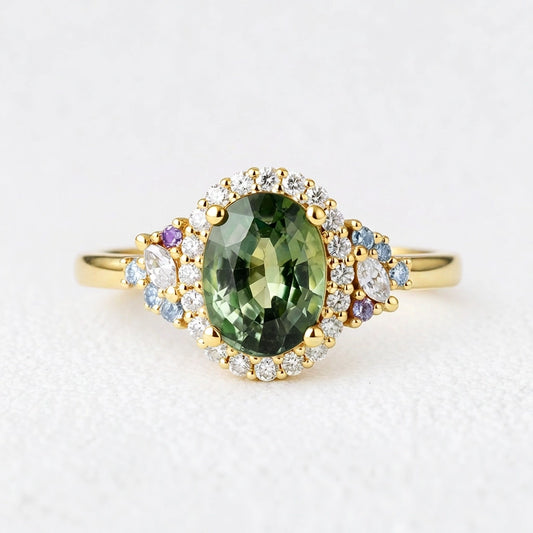 Thalassa’s Mirage | Oval Teal Sapphire Halo Vintage Engagement Ring