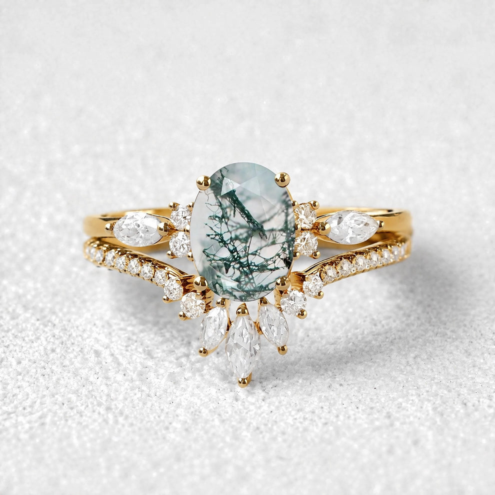 Elara’s Ellipse | Oval Cut Moss Agate Engagement Ring Set 2pcs.
