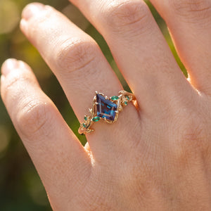 Celestine’s Mirage | Kite Alexandrite with Emerald Foliage Engagement Ring