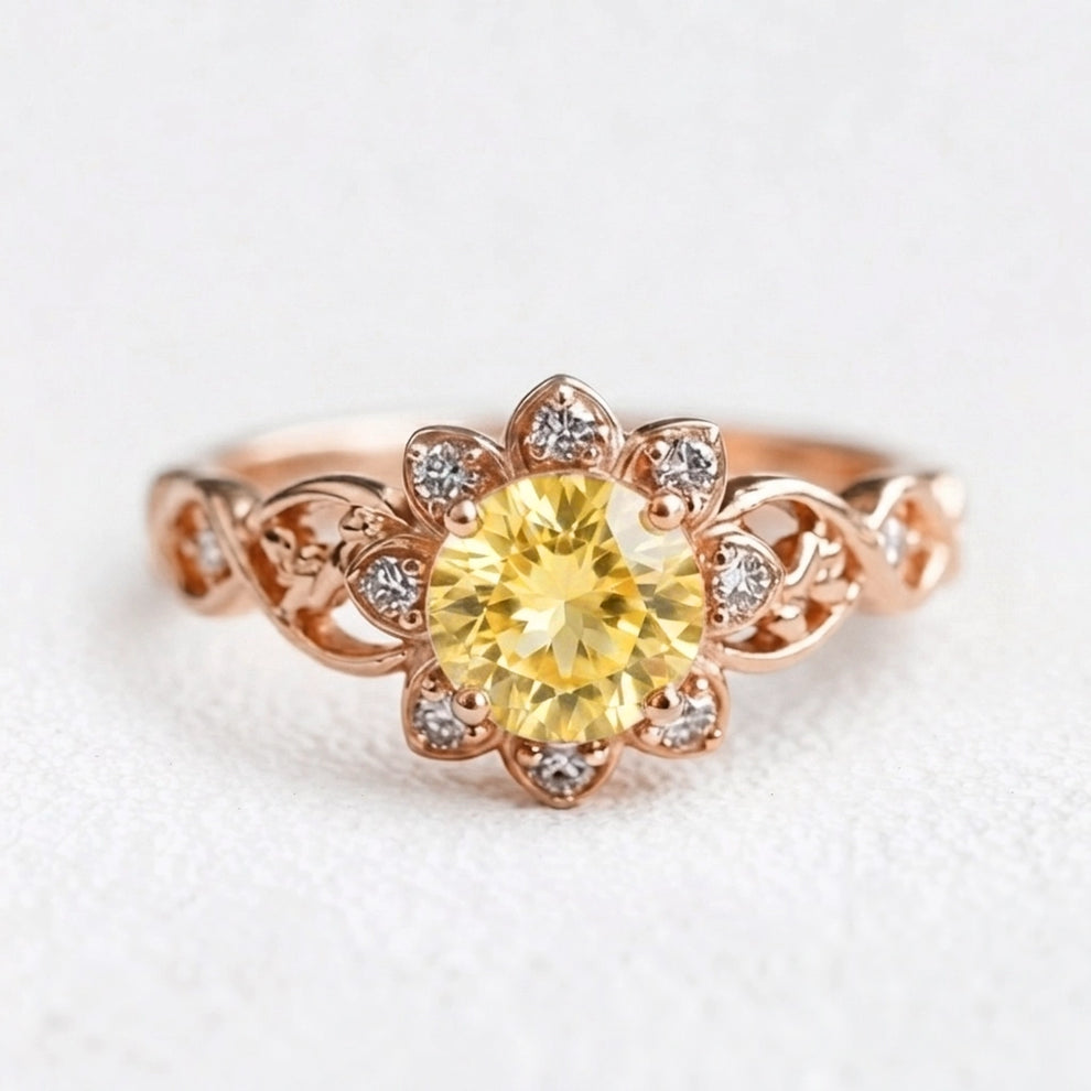 Solara's Petal | Citrine Floral Diamond Halo Ring.
