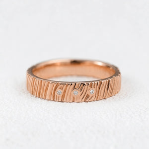 The Grain & Stars | Hand-Carved Wood Texture Band with Diamonds.