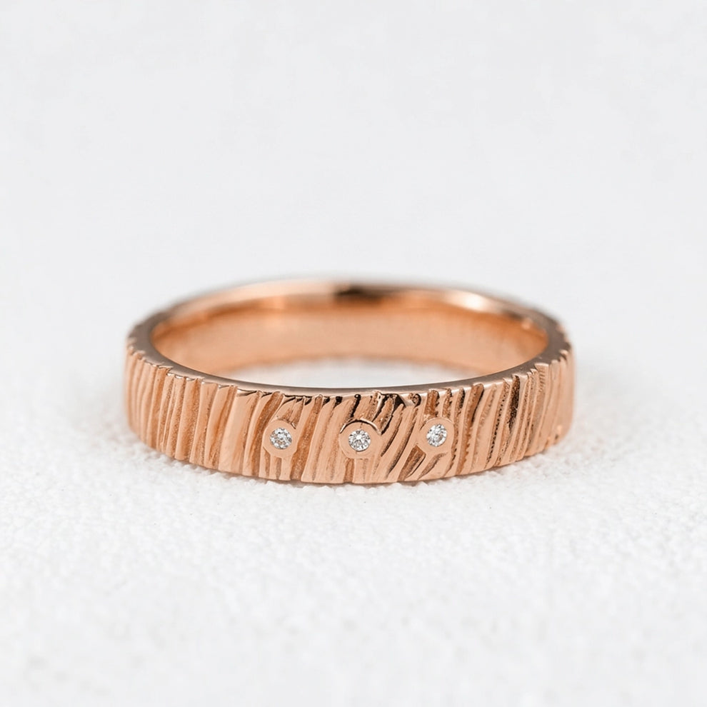 The Grain & Stars | Hand-Carved Wood Texture Band with Diamonds.