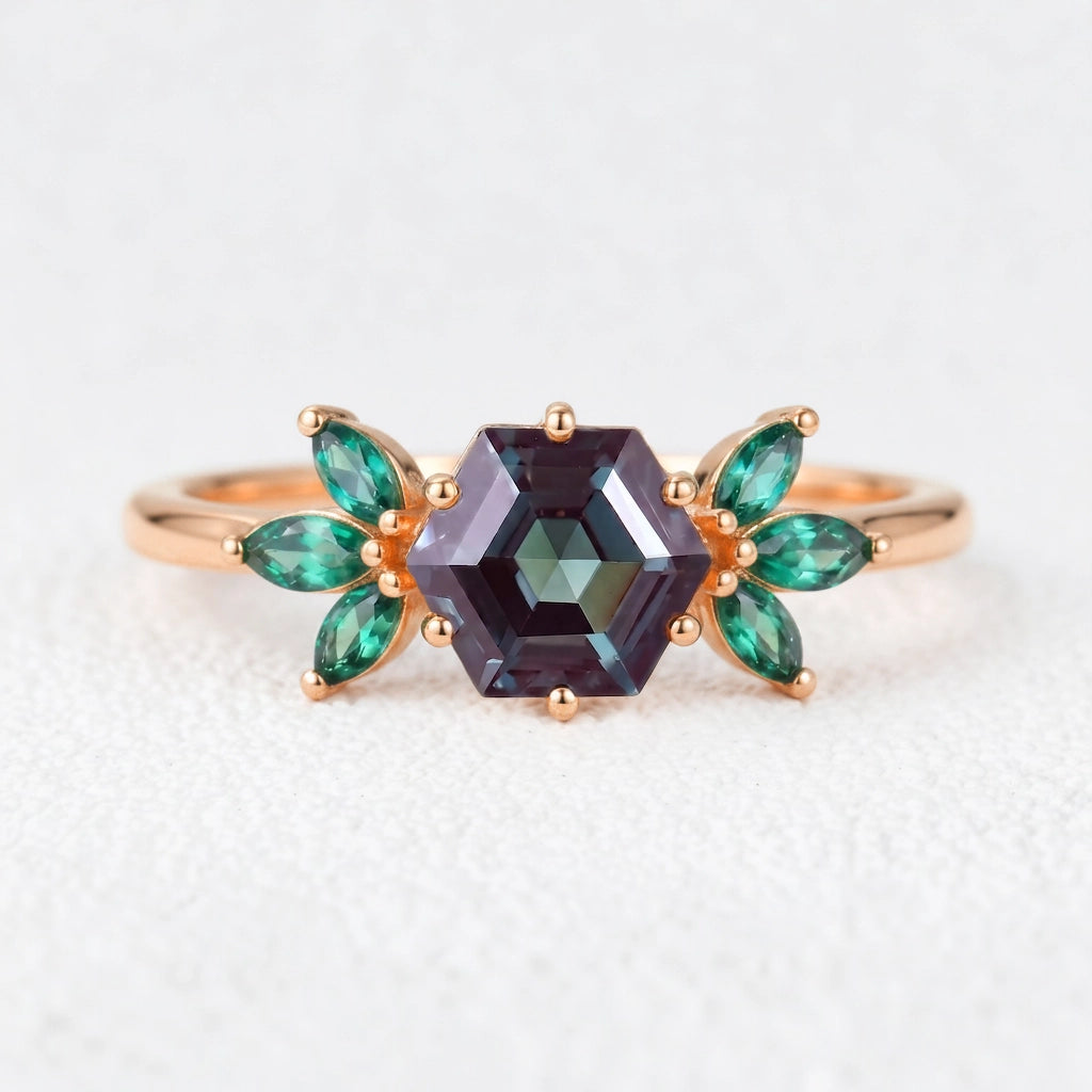 Isadora’s Prism | Hexagon Alexandrite Emerald Accents Engagement Ring