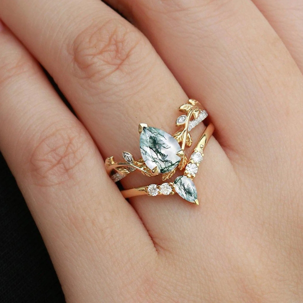 Genevieve’s Foliage | Pear Moss Agate & Moissanite Foliage Bridal Duo
