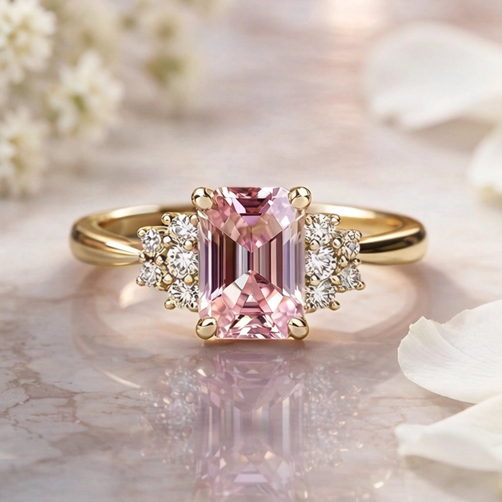 Aurora‘s Halo | 2CT Emerald Cut Pink Gemstone Ring.