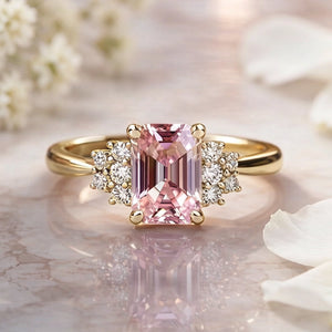 Aurora‘s Halo | 2CT Emerald Cut Pink Gemstone Ring.