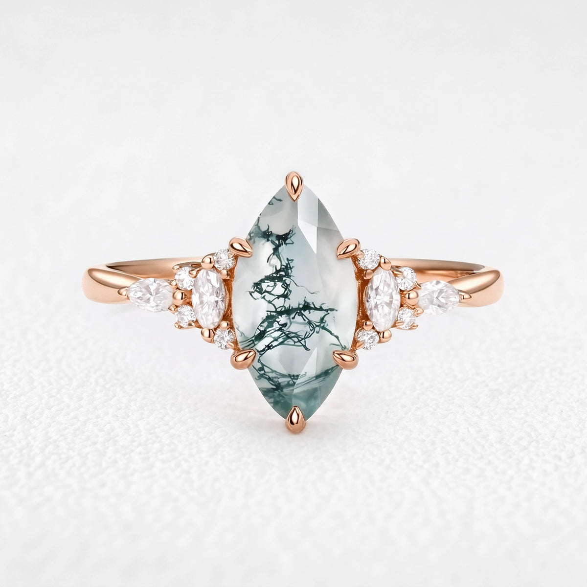 Sylvie’s Dew | Classic Marquise Moss Agate Engagement Ring with Diamond Accents