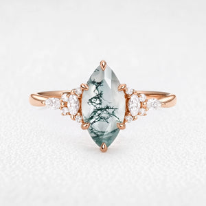 Sylvie’s Dew | Classic Marquise Moss Agate Engagement Ring with Diamond Accents
