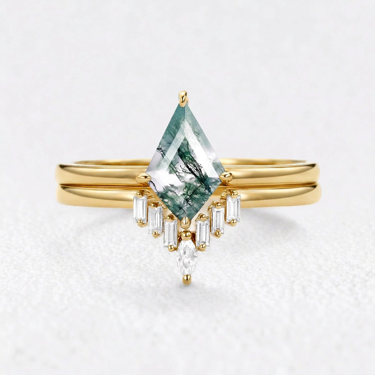 Helena’s Arbor | Kite Moss Agate with Baguette Chevron Bridal Duo