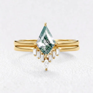 Helena’s Arbor | Kite Moss Agate with Baguette Chevron Bridal Duo