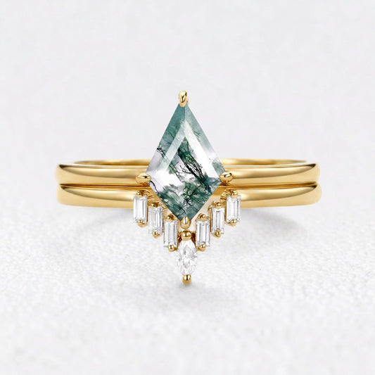 Helena’s Arbor | Kite Moss Agate with Baguette Chevron Bridal Duo