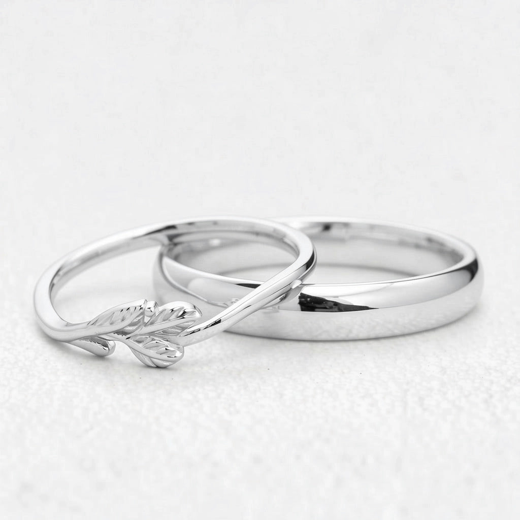 The Minimalist Pair – Classic & Leaf Designs in Polished Wedding Bands.