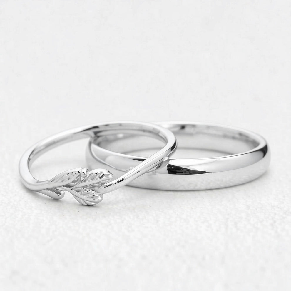 The Minimalist Pair – Classic & Leaf Designs in Polished Wedding Bands.