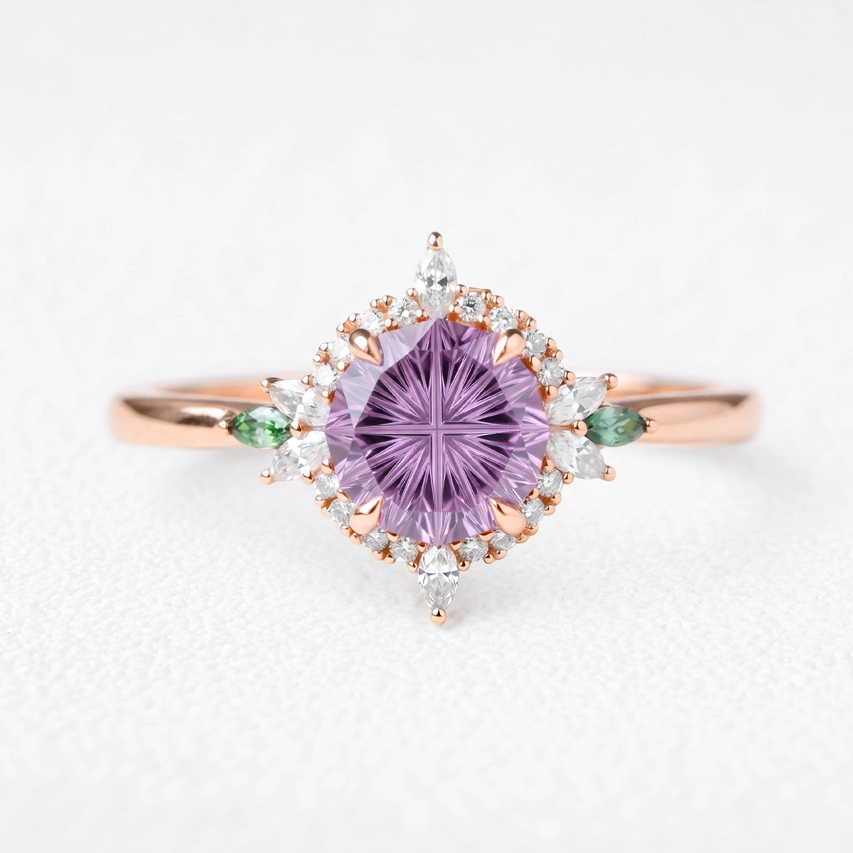 Rosalind’s Lilac | 1CT Fantasy-Cut Round Lavender Sapphire Halo Engagement Ring