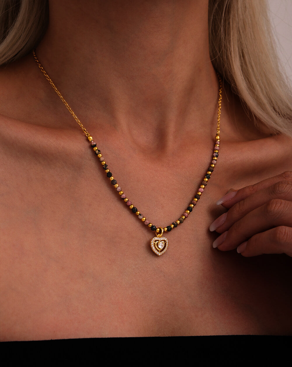 Gold Mangalsutra Gemstone Beaded Necklace with Heart Pendant