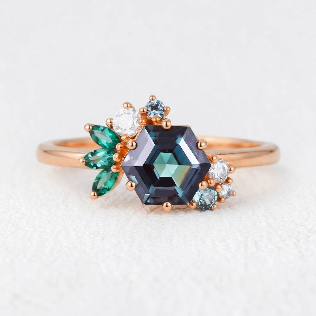 Isadora’s Prism | Hexagon Alexandrite Cluster Engagement Ring