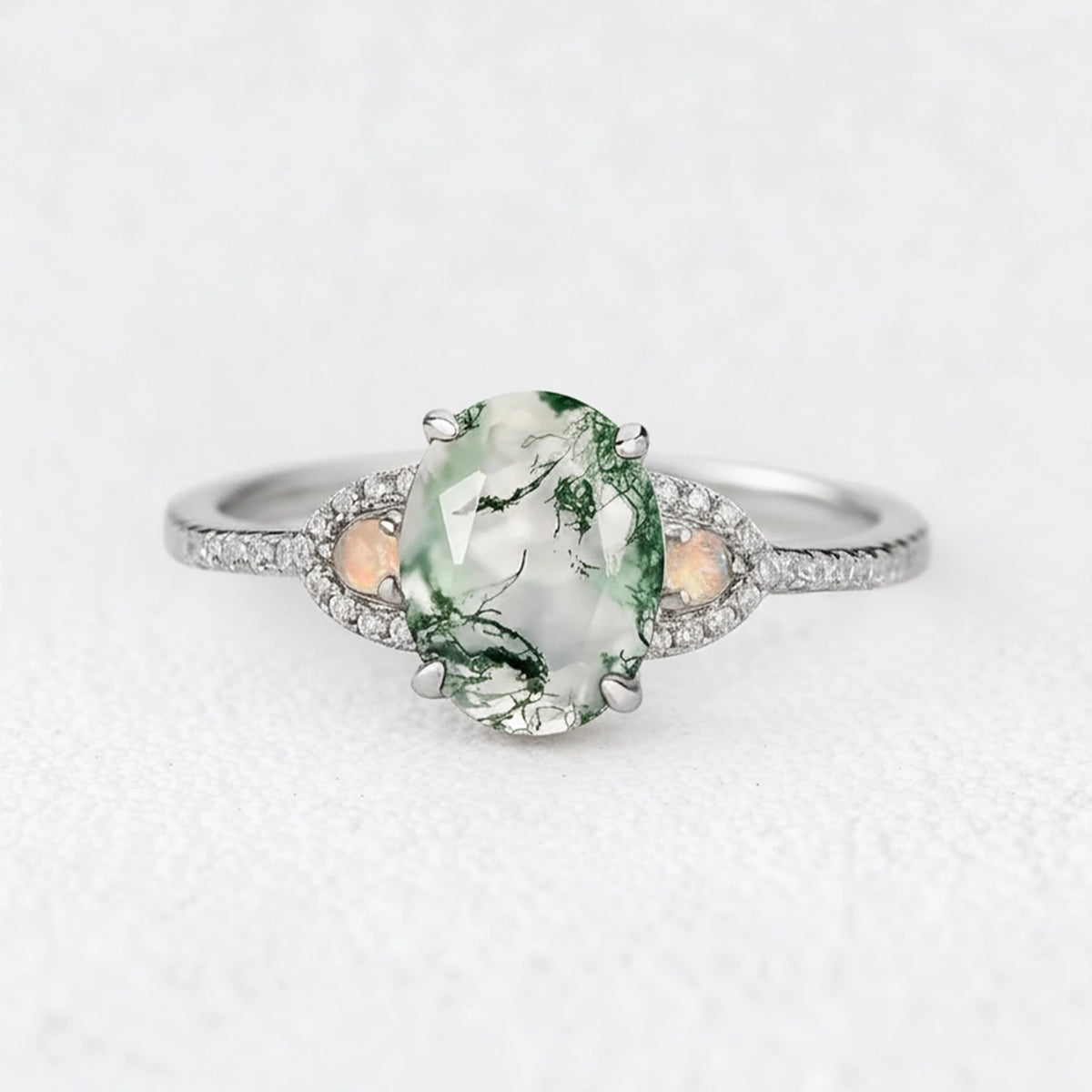 Sylvia’s Verdure | Oval Cut Moss Agate Engagement Ring