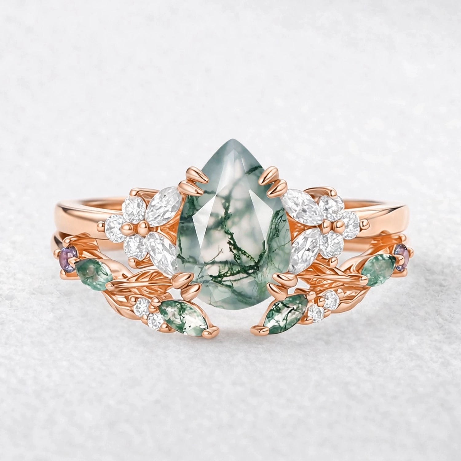 Chloris Pear Shaped Moss Agate Leafy Chevron Gold Ring Set 2pcs.