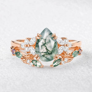 Chloris Pear Shaped Moss Agate Leafy Chevron Gold Ring Set 2pcs.