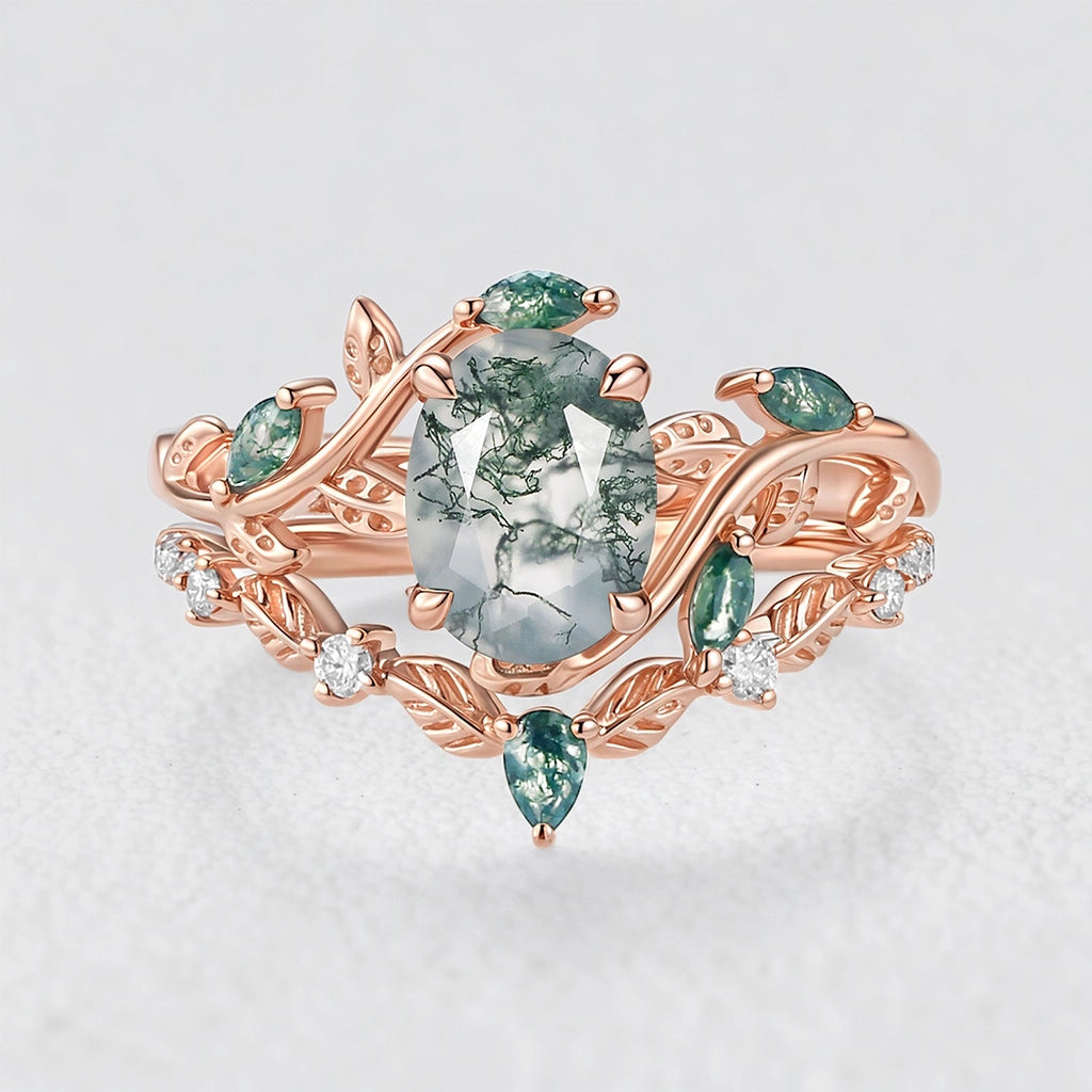 Daphne’s Vine | Oval Moss Agate Engagement Ring Set 2pcs.