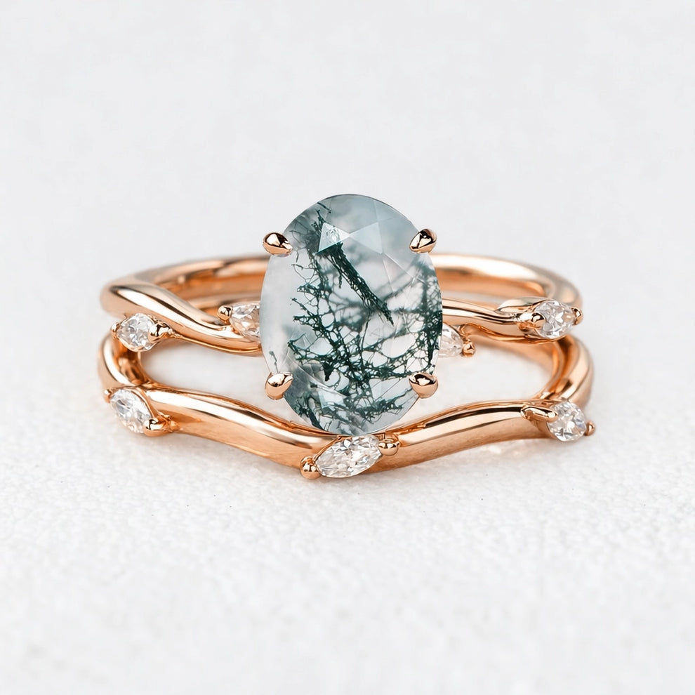 Genevieve’s Garland | Oval Moss Agate Foliage Bridal Duo