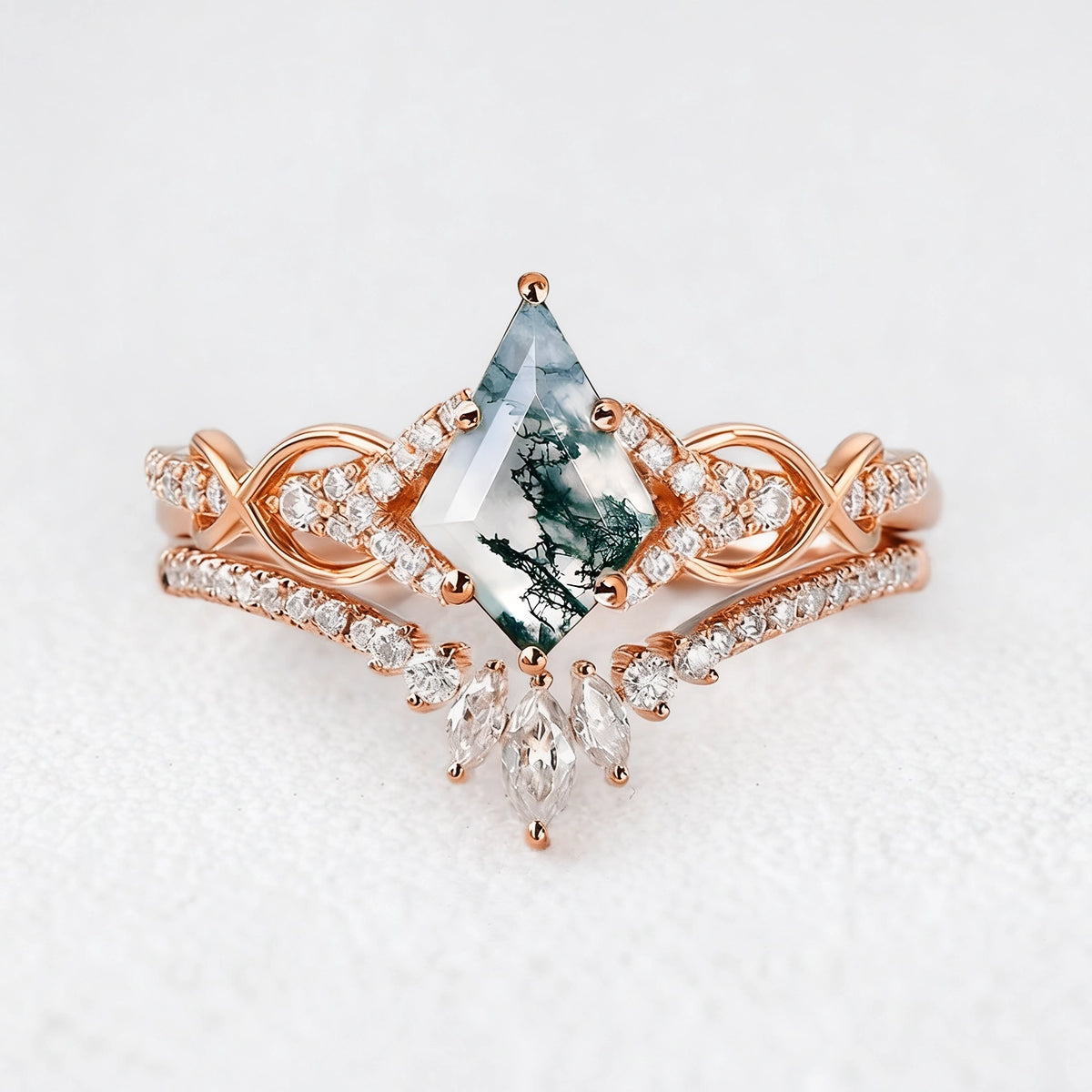 Vivienne’s Greensward | Kite Cut Moss Agate Chevron Bridal Duo