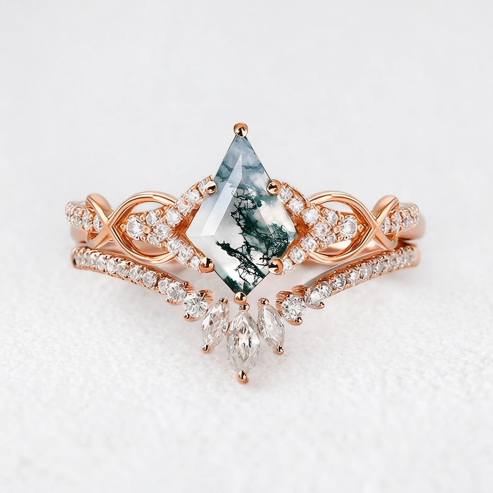 Vivienne’s Greensward | Kite Cut Moss Agate Chevron Bridal Duo