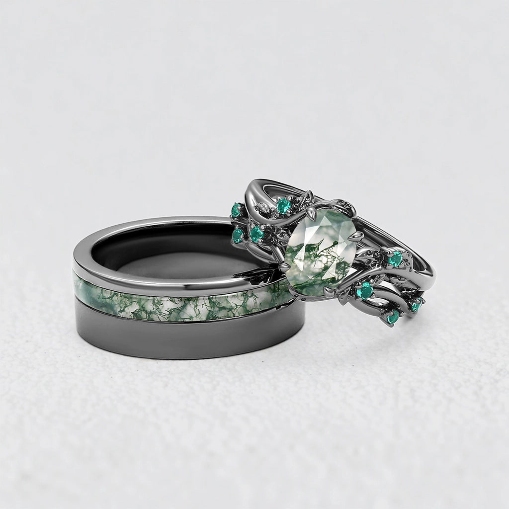Sylvie’s Shadow | Black Gold & Oval Moss Agate Couple Ring Set 3pcs.