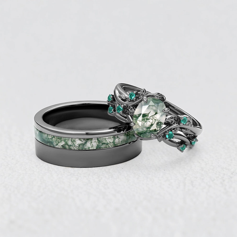 Sylvie’s Shadow | Black Gold & Oval Moss Agate Couple Ring Set 3pcs.
