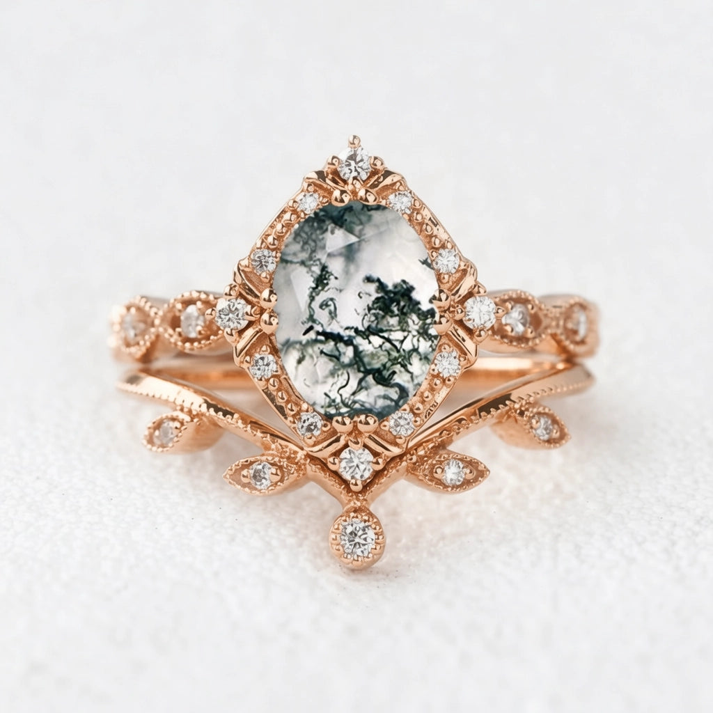 Oval Moss Agate & Moissanite Floral Ring Set 2pcs.