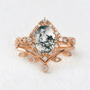 Oval Moss Agate & Moissanite Floral Ring Set 2pcs.