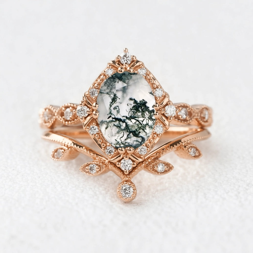 Oval Moss Agate & Moissanite Floral Ring Set 2pcs.