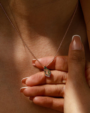 Rhombus Natural Moss Agate Gold Pendant Necklace