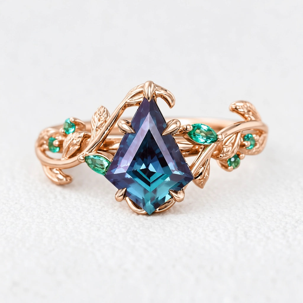 Celestine’s Mirage | Kite Alexandrite with Emerald Foliage Engagement Ring