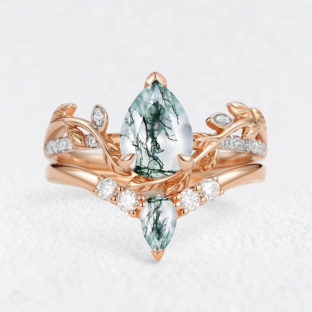 Genevieve’s Foliage | Pear Moss Agate & Moissanite Foliage Bridal Duo