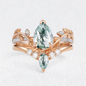 Genevieve’s Foliage | Pear Moss Agate & Moissanite Foliage Bridal Duo