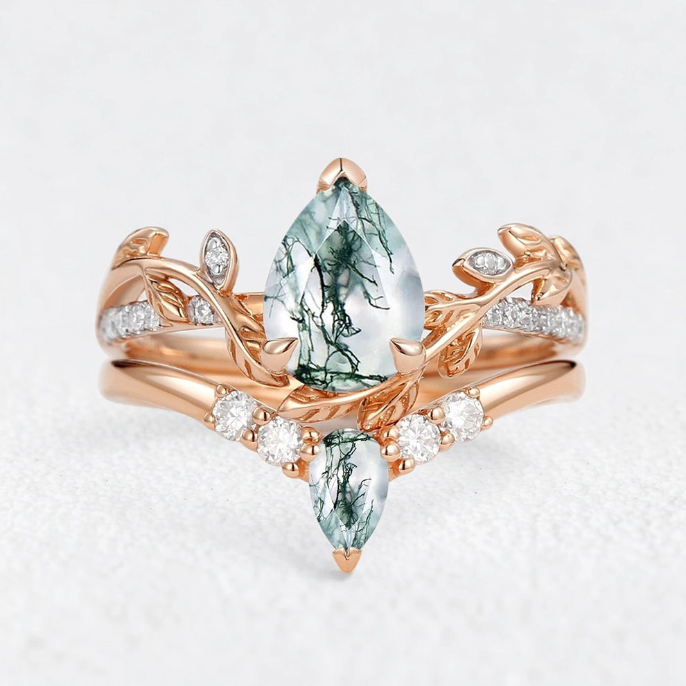 Genevieve’s Foliage | Pear Moss Agate & Moissanite Foliage Bridal Duo