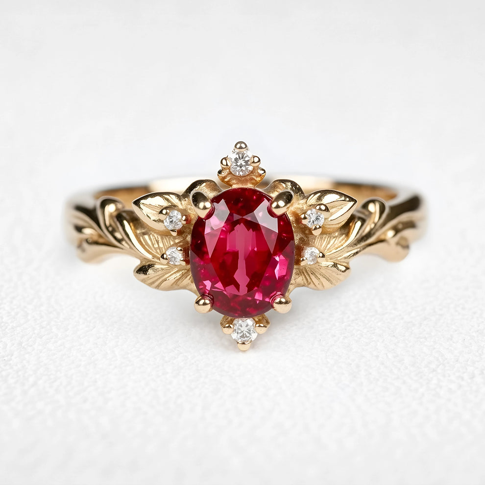 Aurora’s Ember | Oval Ruby Vintage & Noble Oak Band Couple Set