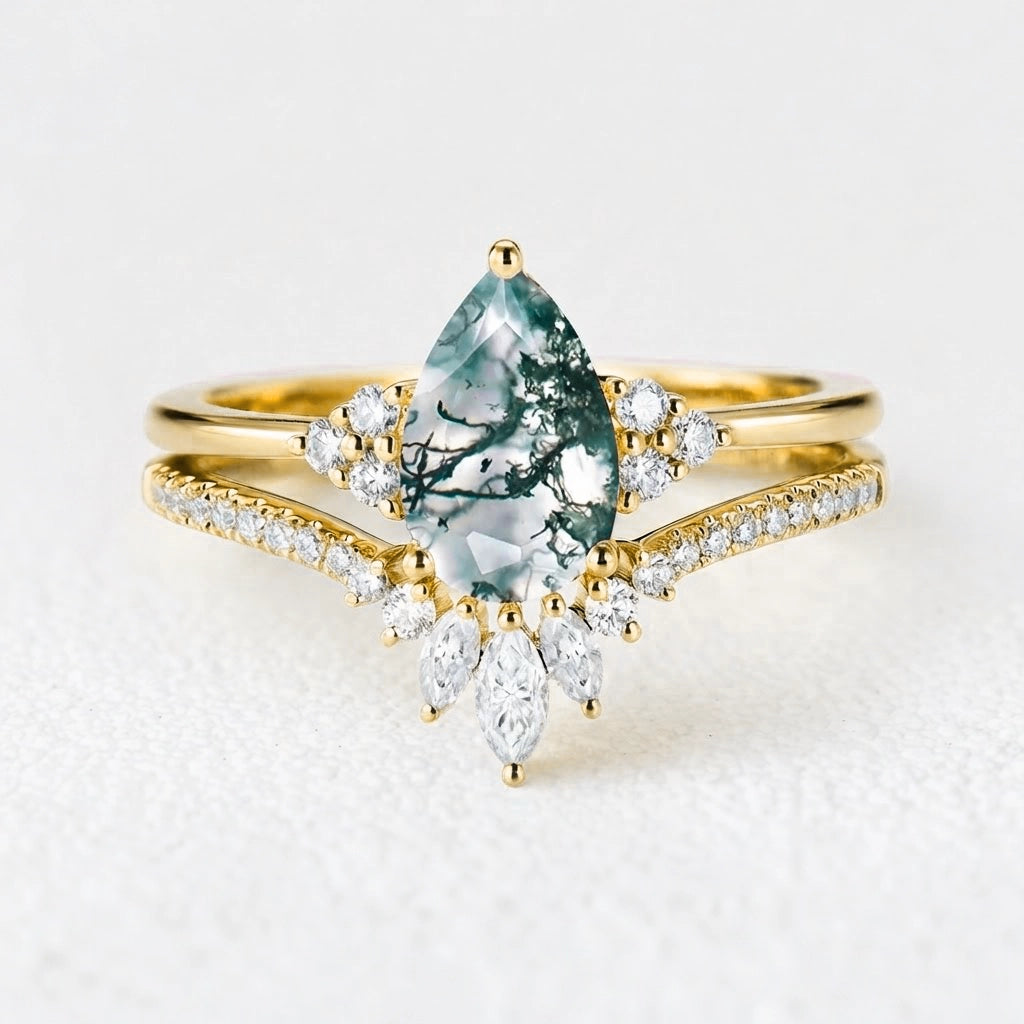 Genevieve’s Grace | Vintage Pear Cut Moss Agate Bridal Set 2pcs