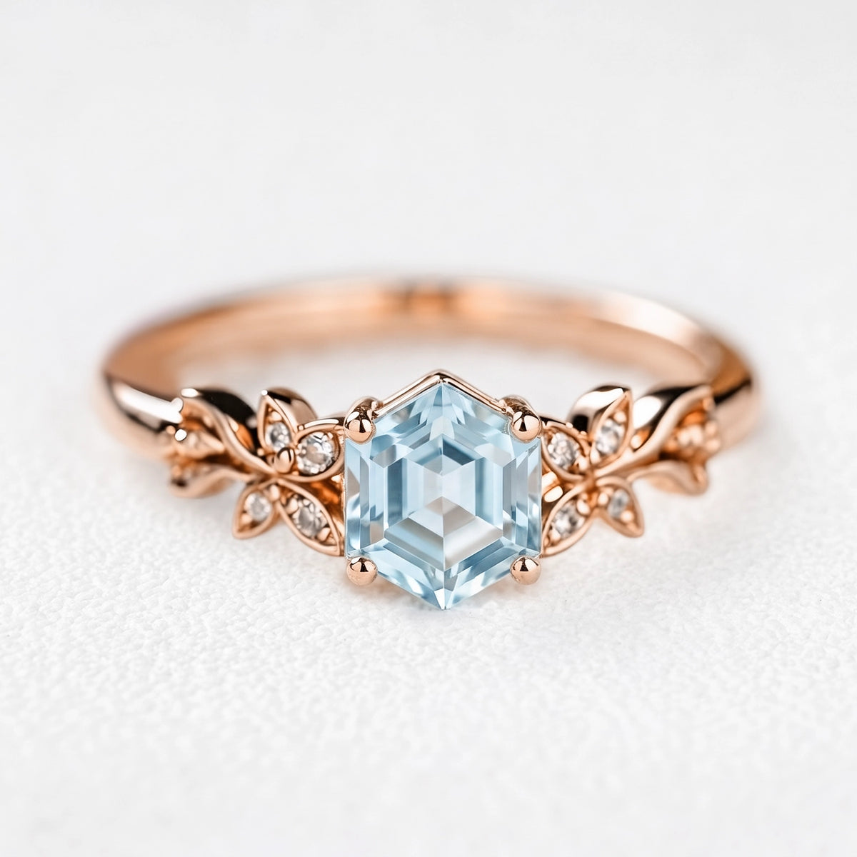 Marina’s Foliage | Hexagon Blue Aquamarine Botanical Engagement Ring