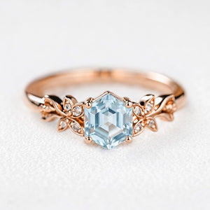 Marina’s Foliage | Hexagon Blue Aquamarine Botanical Engagement Ring