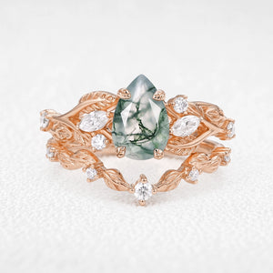 Rosalind’s Heirloom | Pear Cut Moss Agate Leafy Vintage Bridal Set 2pcs