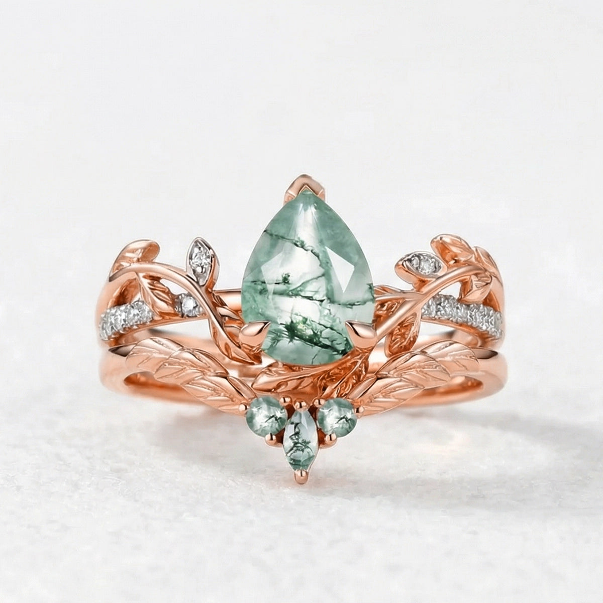 Juniper’s Copse | Pear Cut Moss Agate Cluster Couple Ring Set.