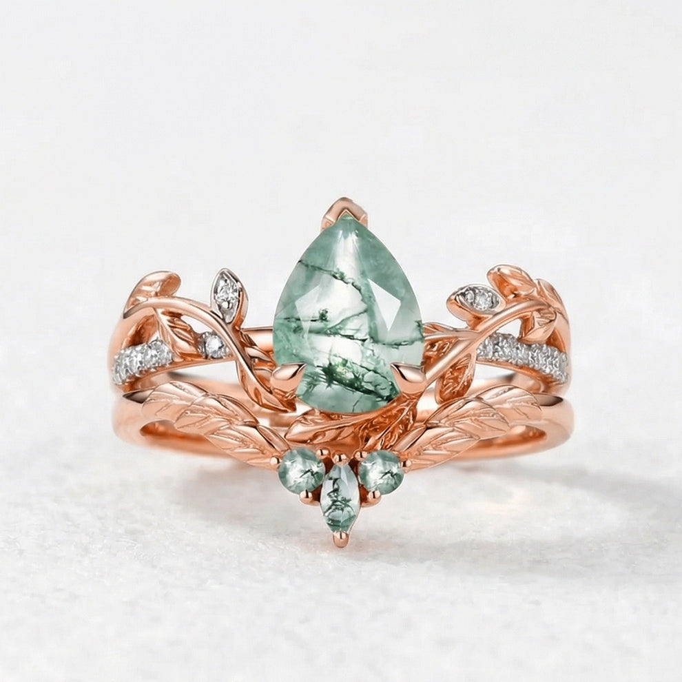 Juniper’s Copse | Pear Cut Moss Agate Cluster Couple Ring Set.