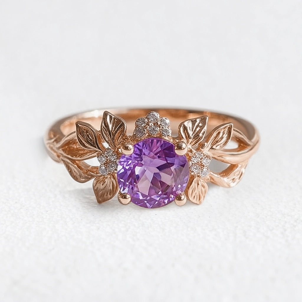 Elena’s Violet | Round Amethyst Floral Engagement Ring.