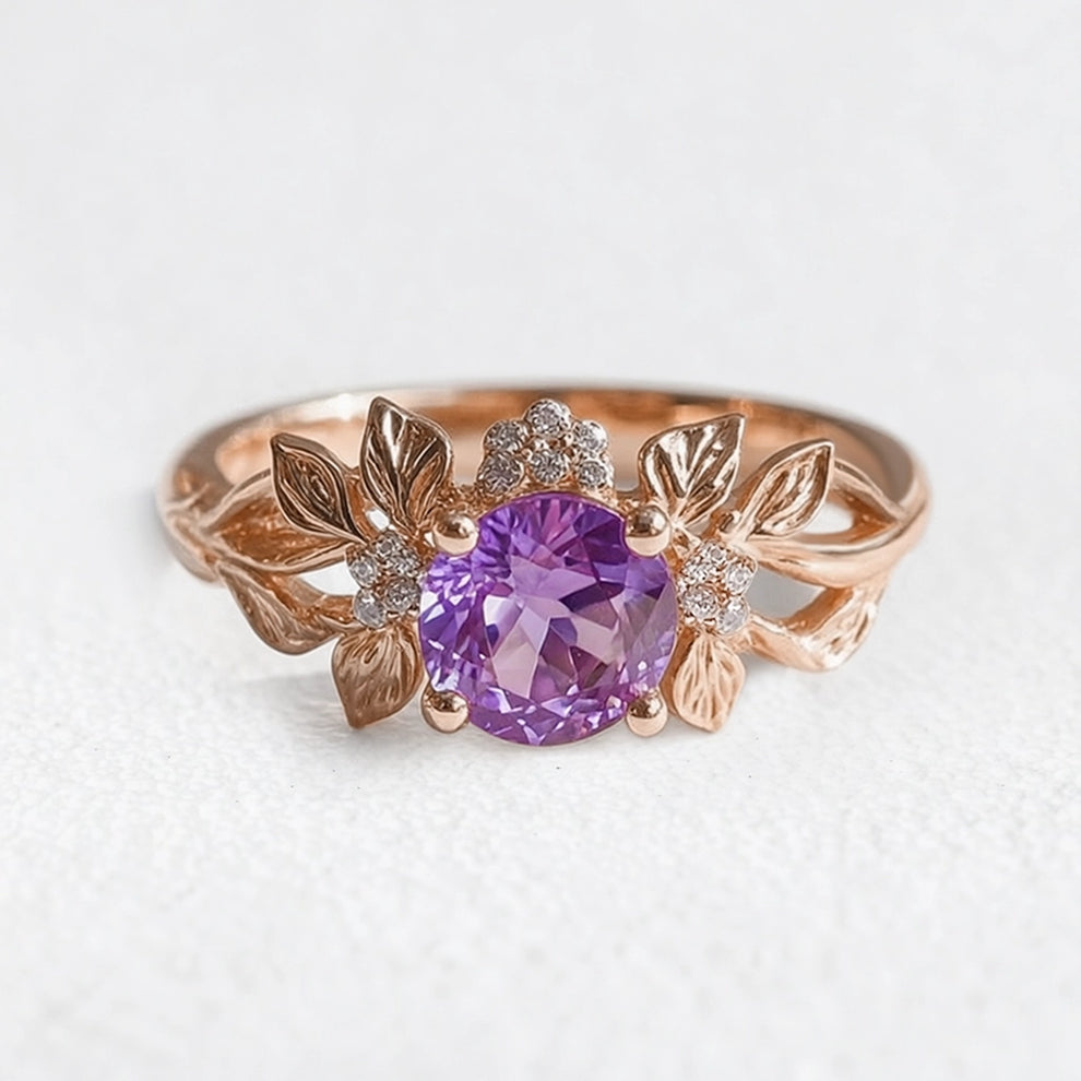 Elena’s Violet | Round Amethyst Floral Engagement Ring.