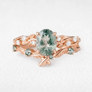 Clarissa’s Frond | Oval Moss Agate Leafy Bridal Set 2pcs