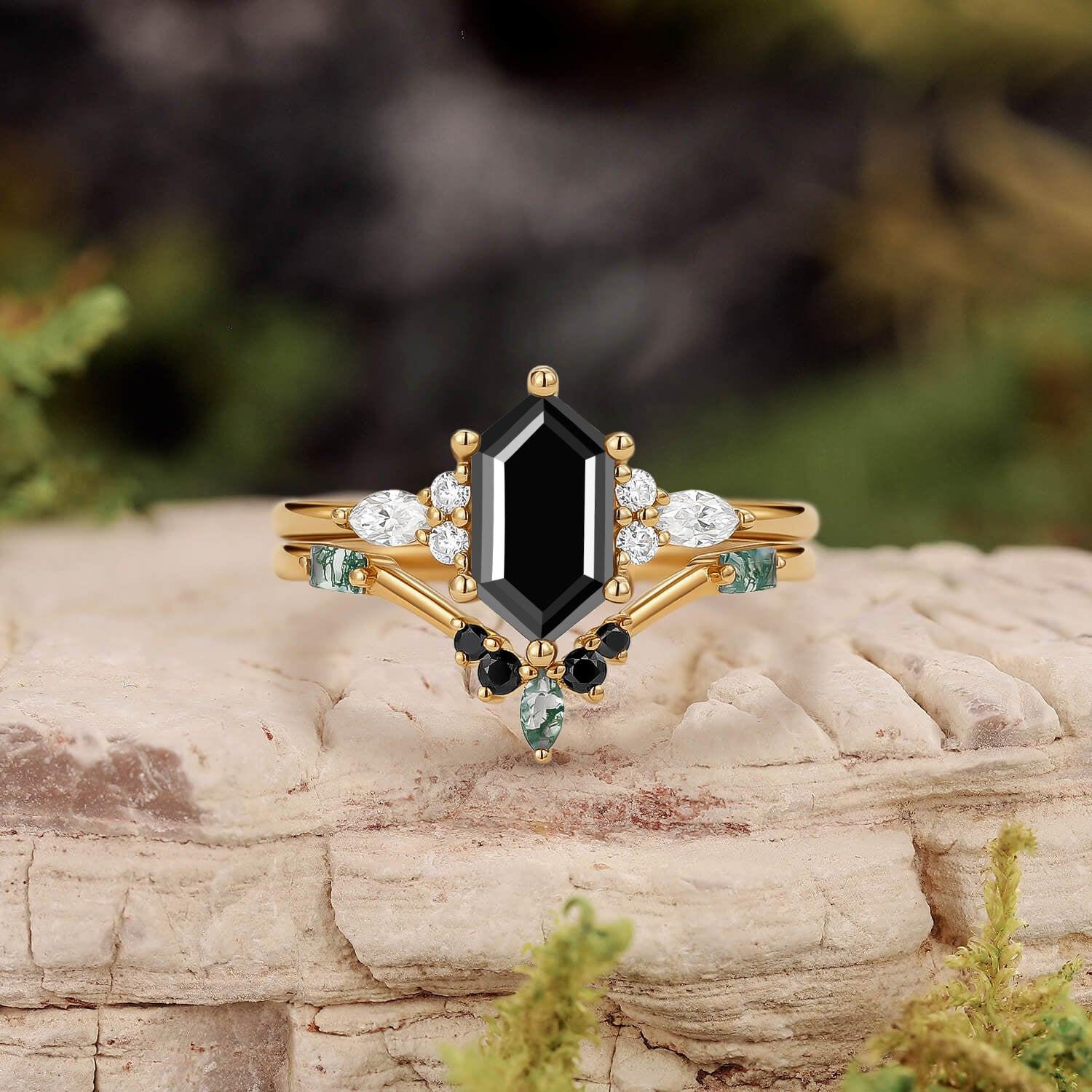 Unique Hexagon Moss Agate & Black Onyx Ring Set 2pcs.